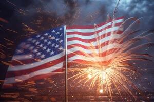 patriottico spirito di il unito stato con un americano bandiera dispiegato contro sfondo di fuochi d'artificio festeggiare indipendenza giorno generativo ai. foto