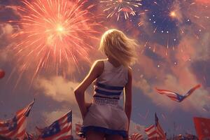 posteriore Visualizza di americano giovane ragazza Guardando fuochi d'artificio nel sfondo e Stati Uniti d'America bandiere. 4 ° di luglio, americano indipendenza giorno, memoriale giorno, lavoro duro e faticoso giorno concetto. generativo ai. foto