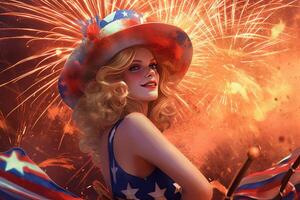 bellissimo bionda giovane ragazza nel fantasia cappello festeggiare nuovo anno vigilia o il quarto di luglio Festival, che esplode fuochi d'artificio sfondo. generativo ai. foto