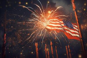 patriottico spirito di il unito stato con un americano bandiera dispiegato contro sfondo di fuochi d'artificio festeggiare indipendenza giorno generativo ai. foto