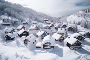 sciare ricorrere, montagna sciare Hotel sotto il neve, tiro a partire dal un' drone. generativo ai foto