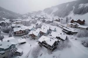 sciare ricorrere, montagna sciare Hotel sotto il neve, tiro a partire dal un' drone. generativo ai foto