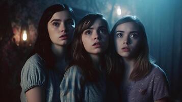tre spaventato ragazze con cautela Esplorare il debolmente illuminato misterioso Casa. inevitabile incubi. generativo ai foto