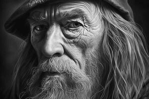 anziano uomo con lungo grigio capelli e barba, nero e bianca foto. generativo ai foto
