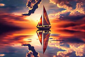 un' andare in barca barca su il acqua durante tramonto. generativo ai foto
