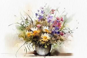 fiori selvatici, mazzo di fiori nel un' vaso su un' tavolo, ancora vita dipinto con acquerelli su strutturato carta. digitale acquerello la pittura. generativo ai foto