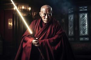 un anziano monaco, sen sei, un' insegnante a il tempio. generativo ai foto