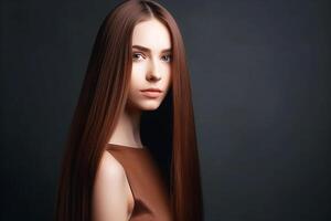 ritratto bellissimo brunetta ragazza con lungo Marrone capelli, studio luce. generativo ai foto