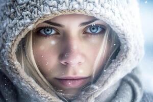 ritratto, bionda ragazza con blu occhi nel un' incappucciato inverno con neve. generativo ai foto