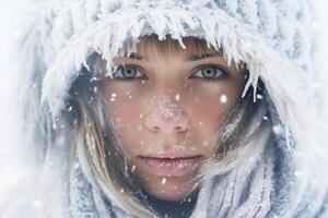 ritratto, bionda ragazza con blu occhi nel un' incappucciato inverno con neve. generativo ai foto
