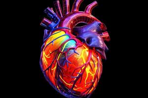 realistico anatomico umano cuore. nero sfondo. generativo ai foto