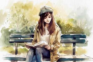 ragazza lettura un' libro nel il parco su un' panca, un' acquerello pittura su strutturato carta. digitale acquerello la pittura. generativo ai foto