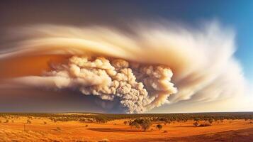 drammatico paesaggio con pesante fuoco e sbuffi di Fumo nel occidentale Australia, incendio boschivo. generativo ai foto