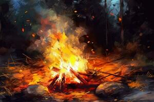 il fiamme di un' fuoco di bivacco nel il notte, dipinto nel acquerello su strutturato carta. digitale acquerello pittura foto