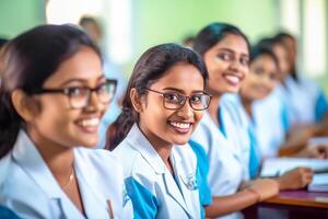 un' assistenza infermieristica alunno nel tamil nadu. un indiano alunno studiando a un' medico Università. generativo ai foto