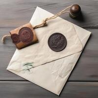 scorticare posare vecchio beige lettera buste con cera foca e francobollo su Marrone di legno tavolo superiore. generativo ai. foto
