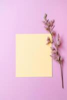 giallo vuoto carta appiccicoso, carta modello e floreale ramo su rosa sfondo, generativo ai. foto