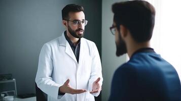 ritratto di maschio medico comunicare con il suo paziente nel ospedale o clinica, generativo ai. foto