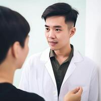 avvicinamento ritratto di asiatico maschio medico parlando con paziente o collega, generativo ai. foto