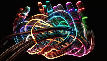 astratto neon luci sfondo con multicolore elettrico fili, generativo ai digitale. foto