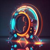 3d rendere di astratto neon circolare elemento, digitale hud tecnologia, fantascienza concetto. generativo ai. foto