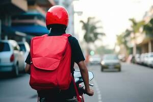 indietro Visualizza di immaginario cibo consegna ciclista su scooter con termico Borsa, esprimere consegna servizio a partire dal bar e ristorante. generativo ai. foto