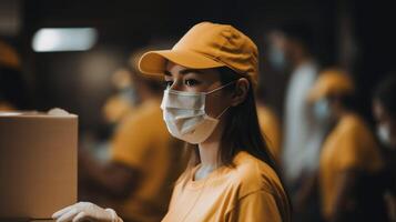 lato avvicinamento Guarda di consegna ragazza nel uniforme e medico maschera a posto di lavoro, generativo ai. foto