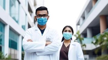 giovane maschio e femmina medico professionisti indossare maschere a ospedale fuori, generativo ai. foto