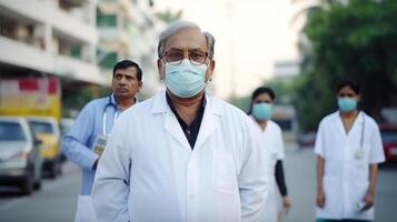 ritratto di anziano medico professionisti indossare maschera mentre in piedi a ospedale fuori. generativo ai. foto