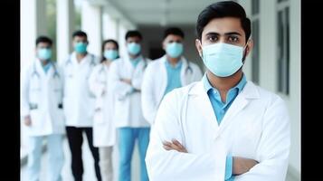ritratto di medico professionisti indossare maschere e in piedi nel corridoio di Ospedale. generativo ai. foto