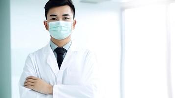 maschio medico o farmacista personaggio indossare viso maschera, generativo ai. foto