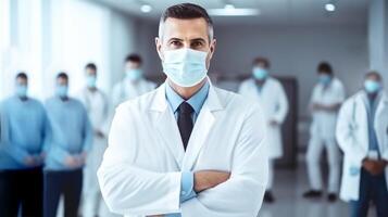 ritratto di medico professionisti indossare maschere mentre in piedi su il ospedale foyer, generativo ai. foto