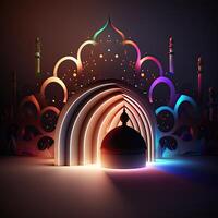 sorprendente architettura design di musulmano moschea, e brillante stelle, Ramadan mubarak concetto, generativo ai. brillante luci. foto