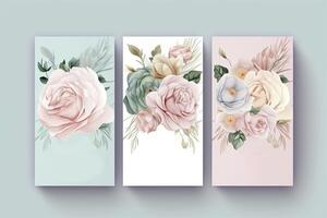 acquerello Rose fiori disegno, decorato carta sfondo, verticale banner collezione per invito, primavera e nozze carta, copia spazio a centro. generativo ai foto