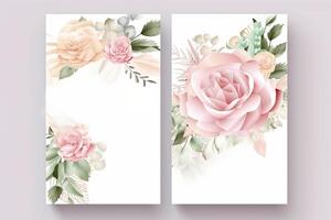 acquerello Rose fiori disegno, decorato carta sfondo, verticale banner collezione per invito, primavera e nozze carta, copia spazio a centro. generativo ai foto