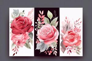 acquerello rosa fiore e le foglie decorativo verticale sfondo o carta modello impostare. generativo ai illustrazione. foto