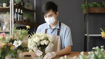 ritratto di fioraio adolescenziale ragazzo indossare maschera nel il suo floreale negozio, generativo ai. foto