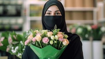 ritratto di arabo femmina fioraio indossare hijab e maschera nel sua floreale negozio, generativo ai. foto