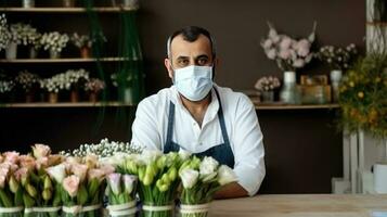 ritratto di medio anziano maschio fioraio indossare maschera e grembiule nel il suo negozio, generativo ai. foto