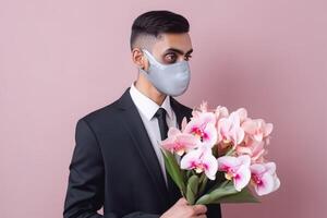 ritratto di indiano uomo nel formale completo da uomo con maschera e Tenere orchidea mazzo, generativo ai. foto