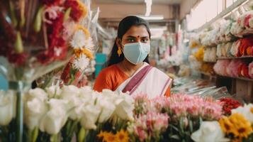 avvicinamento ritratto di indiano fioraio donna indossare maschera nel sua fiore negozio, generativo ai. foto