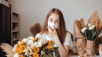 ritratto di femmina fioraio assistente indossare maschera e Tenere mazzo a posto di lavoro, generativo ai. foto