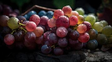 bellissimo biologico sfondo di appena raccolto uva con acqua goccioline, creato di generativo ai tecnologia. foto