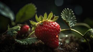 bellissimo biologico sfondo di succoso fresco fragola con le foglie e acqua goccioline. creato di generativo ai tecnologia. foto