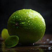 Impressionante fotografia di verde Limone con acqua gocce su buio sfondo, generativo ai. foto