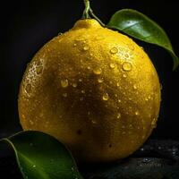 Impressionante fotografia di succoso arancia con gocciolina acqua su buio sfondo. generativo ai. foto