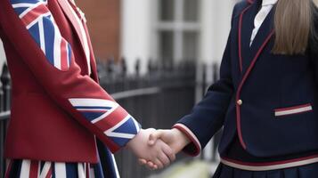 amichevole o casuale stretta di mano fra Britannico donne nel loro tradizionale abbigliamenti. generativo ai. foto