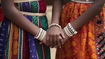 amichevole o casuale stretta di mano fra Sri Lanka donne nel loro tradizionale abbigliamenti. generativo ai. foto