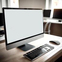 moderno spazio di lavoro con computer tenere sotto controllo, o desktop, schermo finto su su di legno tavolo. generativo ai foto