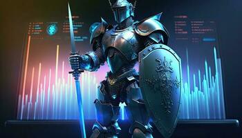 un' cyborg Tenere un' futuristico spada con scudo, digitale ologramma grafici sfondo, digitale arte stile. generativo ai. foto